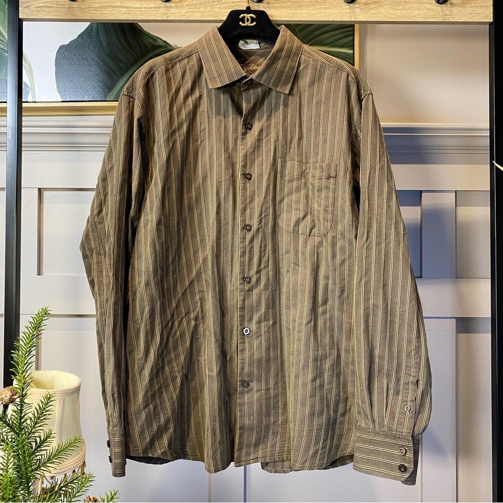 Tommy Bahama Shirt Mens Large Brown Striped Long Sleeve Button Up